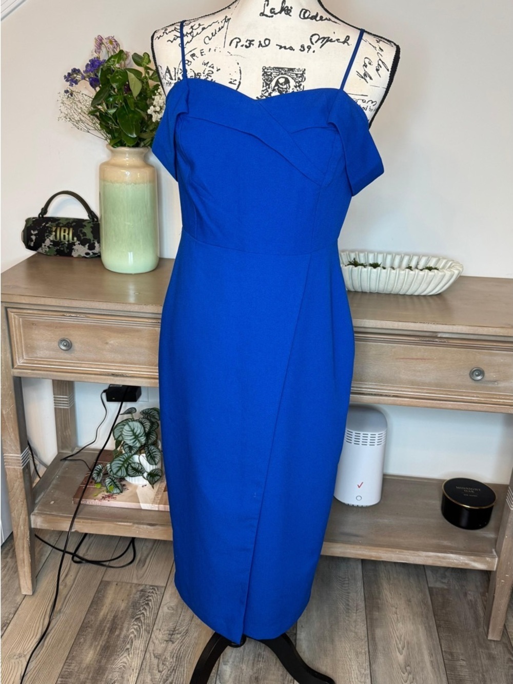 Classic Cobalt Blue Off-Shoulder Midi Dress